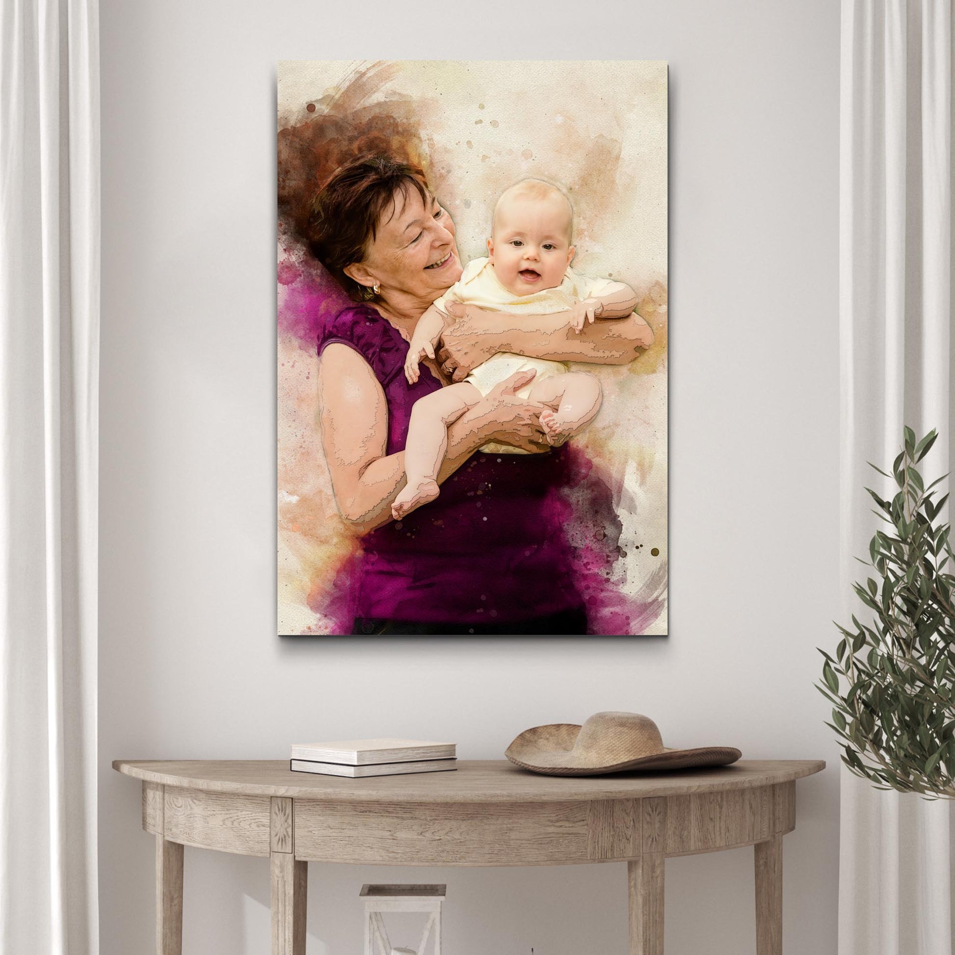 Grandma And Grandchild Watercolor Portrait Sign Style 2 - Image by Tailored Canvases